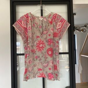 Jennifer Grace Floral Drawstring V-Neck Pink Gray Tunic Top Short Sleeve M